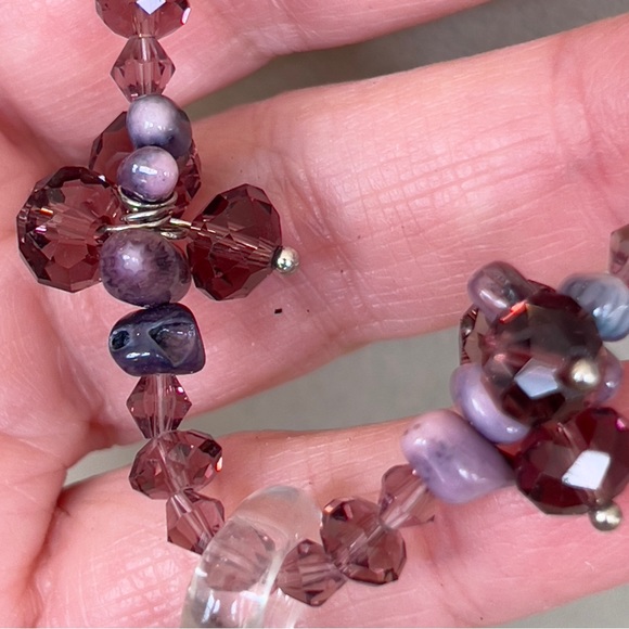 NEXKLACE AND EARRING SET purple and gold handmade glass and resin flowers - Picture 7 of 11